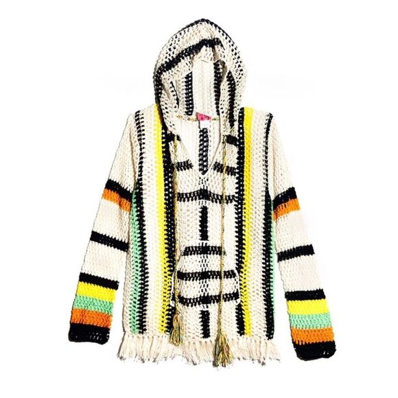 Sweaters - Anna Kosturova 'Baja' striped crochet knit hoodie with fringe hem